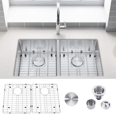 32 in. Undermount Double Bowl Stainless Steel Kitchen Sink with Bottom Grids