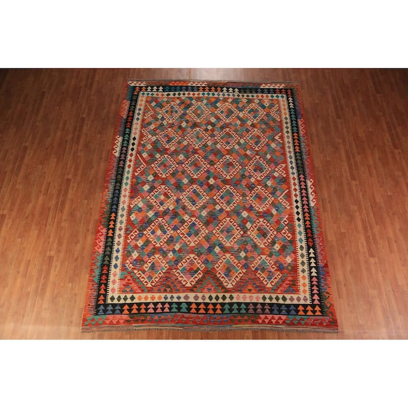 Orange Geometric Kilim Oriental Area Rug Wool Carpet - 8'5"x 11'4"