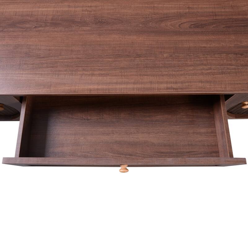 Rattan TV Stand Media Console w/ Sliding Doors Cabinets & 2 Drawers