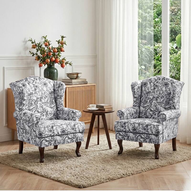 Set of 2 Elegant Living Room Wing Back Arm Chair Upholstered Accent Chair - ROCOCO BLACK