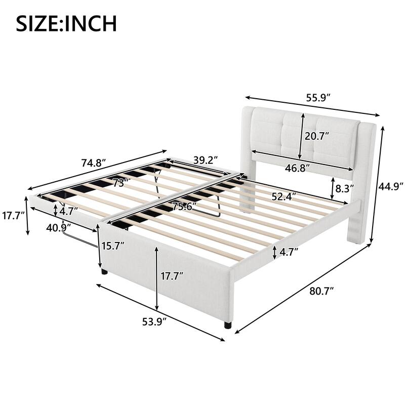 Roomfitters Full Size Upholstered Platform Bed with Convertible Trundle
