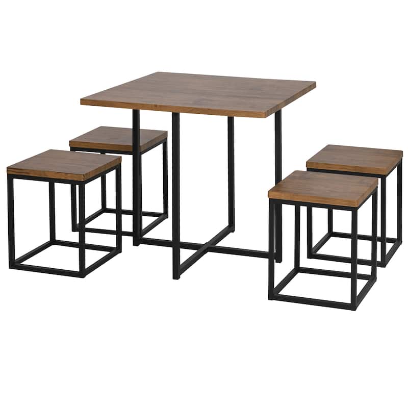 HOMCOM 5 Piece Dining Room Table Chair Set Square Board Steel Space Saving with Stools, Walnut Wood Color