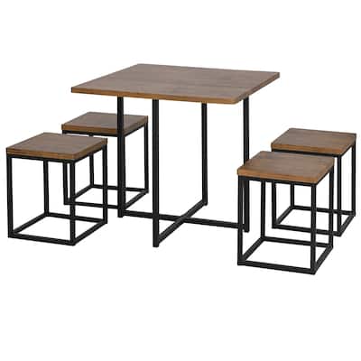 HOMCOM 5 Piece Dining Room Table Chair Set Square Board Steel Space Saving with Stools, Walnut Wood Color