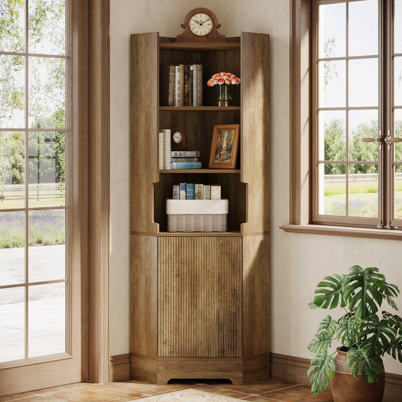 Corner Storage Cabinet with 4 Open Shelves and Cabinet - Brown