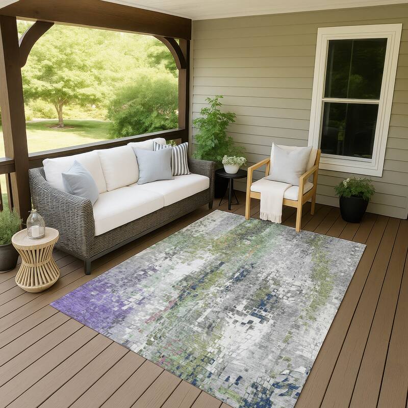 Machine Washable Indoor/ Outdoor Abstract Pixels Chantille Rug - Aloe - 5' x 7'6"