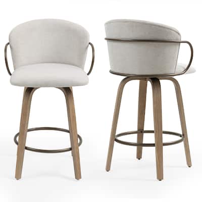 Set of 2 Bette Beige Woven Fabric Swivel Counter Stool with Wood Legs
