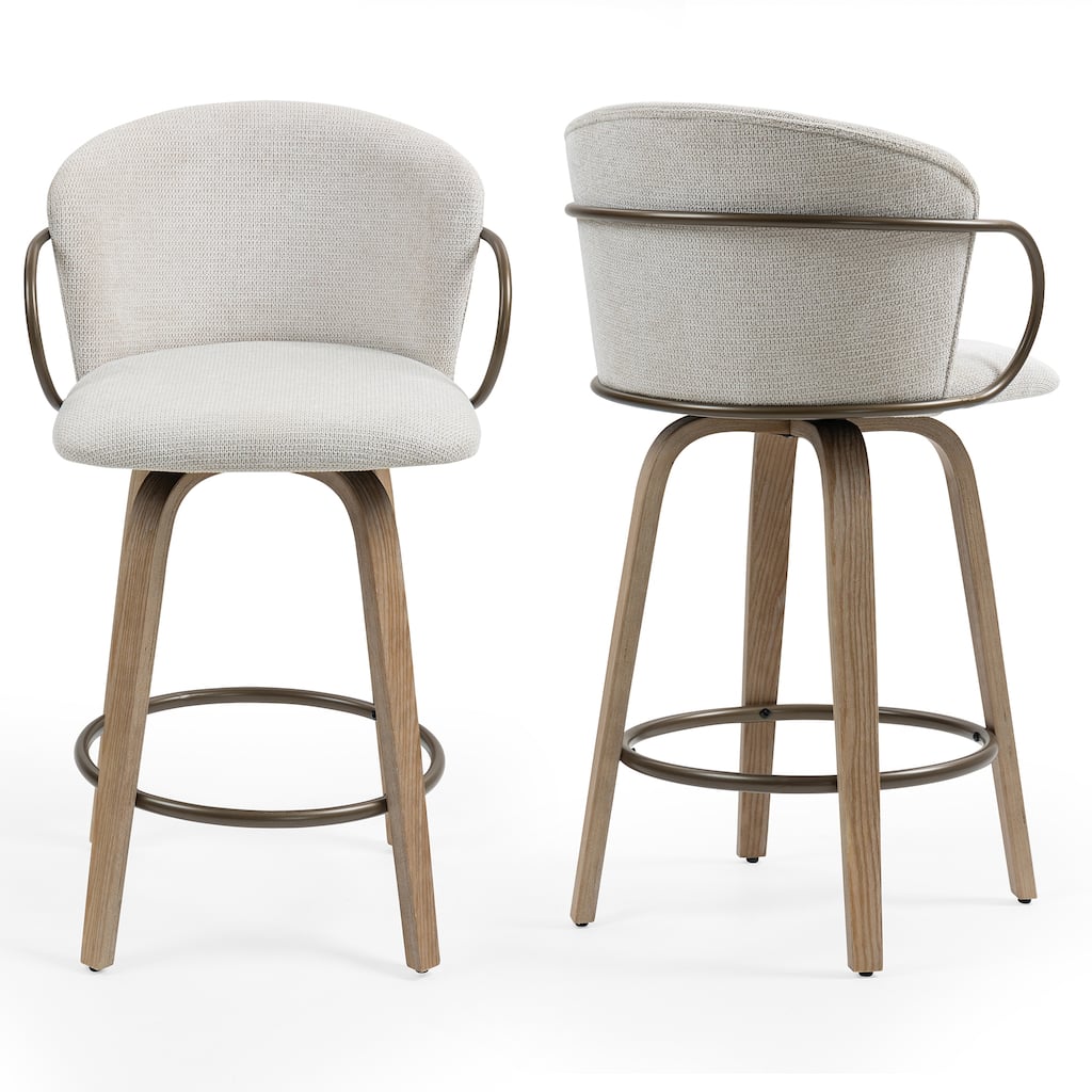 Set of 2 Bette Beige Woven Fabric Swivel Counter Stool with Wood Legs