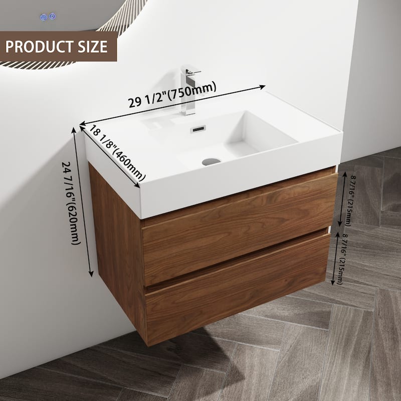 30" Wall-Mounted Bathroom Vanity With Resin Sink, 2-Soft Close Drawers