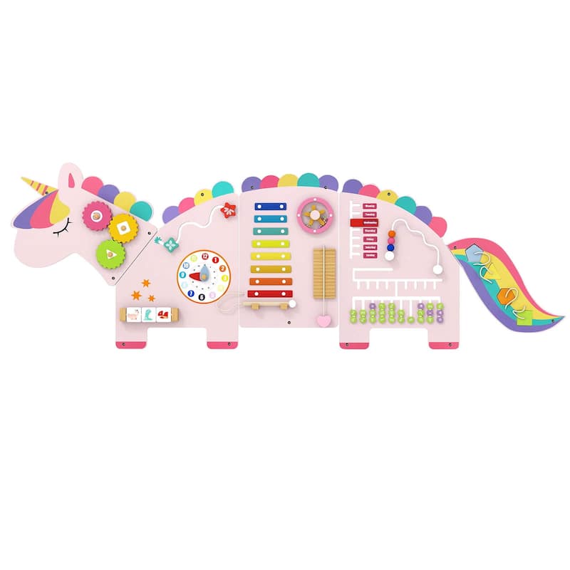 Costway 11-in-1 Unicorn Activity Wall Busy Board Panels for Education - See Details - Pink