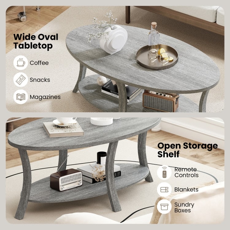 Grey Rubber Wood 2-Tier Coffee Table with Storage Shelf - 44” x 24” x 18.5”