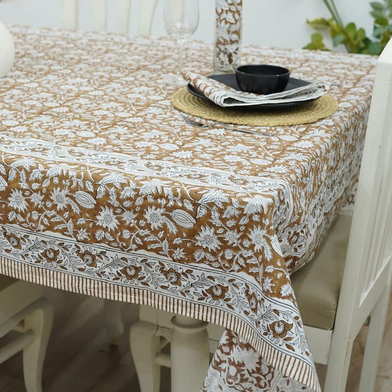 Fabdivine Handmade Block Print Cotton Table Cover Farmhouse Dining Kitchen Decor Gift - 60"X60" - Manikarnika- Brown