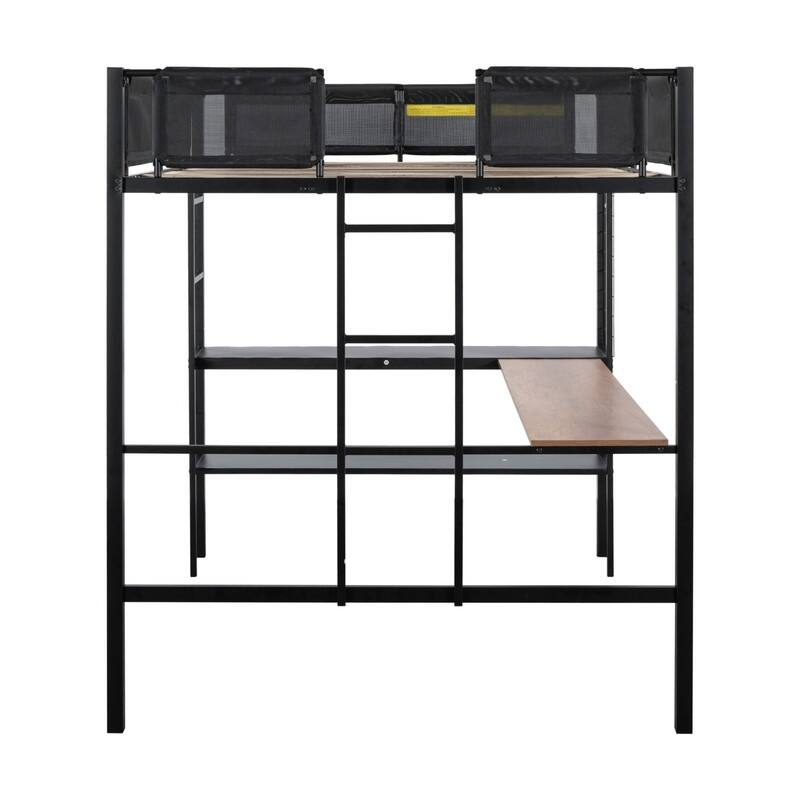 Metal Full Size Loft Bed with Desk & Shelves/Sturdy Metal Bed Frame/ Noise-free Wood Slats/Comfortable Textilene Guardrail