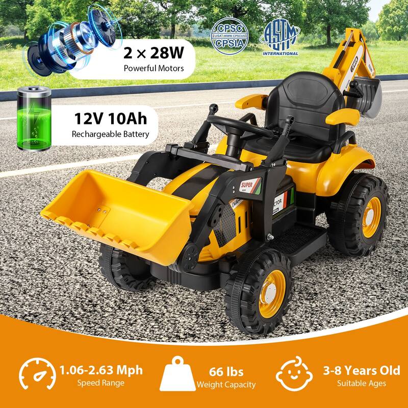 12V Battery Powered Ride on Construction Vehicle with Shovel and Digger Trailer MP3 Port - 73" × 24" × 26" (L × W × H)