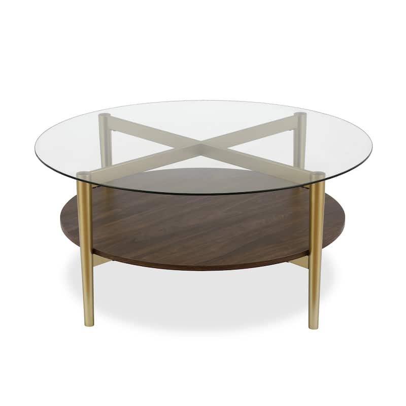 36-Inch Round Glass Coffee Table with Gold Steel Base and Shelf for Storage Modern Living Room Accent Piece - 36"L x 36"W x 17"H