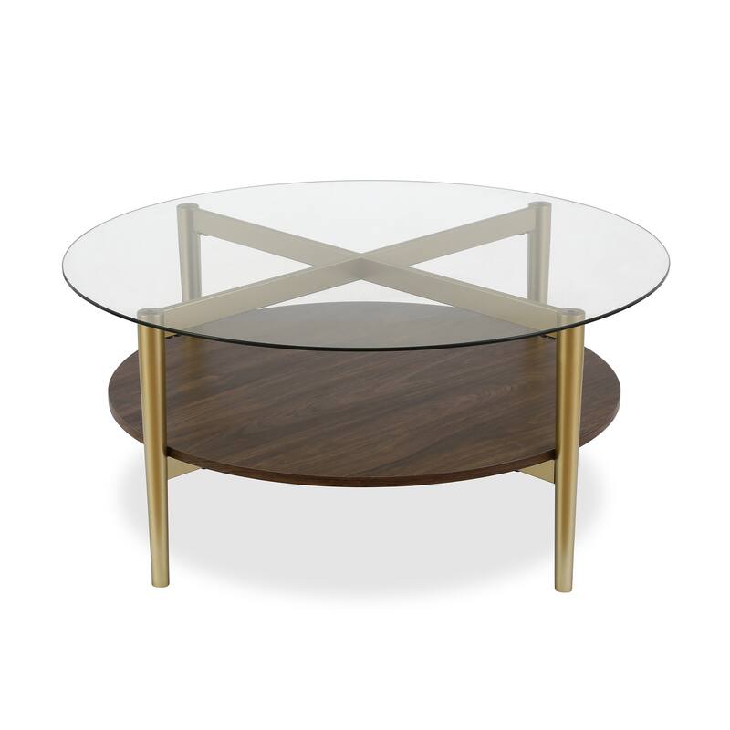 36-Inch Round Glass Coffee Table with Gold Steel Base and Shelf for Storage Modern Living Room Accent Piece - 36"L x 36"W x 17"H