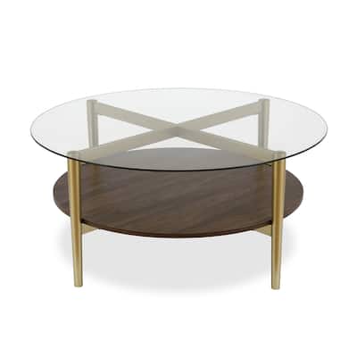 36-Inch Round Glass Coffee Table with Gold Steel Base and Shelf for Storage Modern Living Room Accent Piece - 36"L x 36"W x 17"H