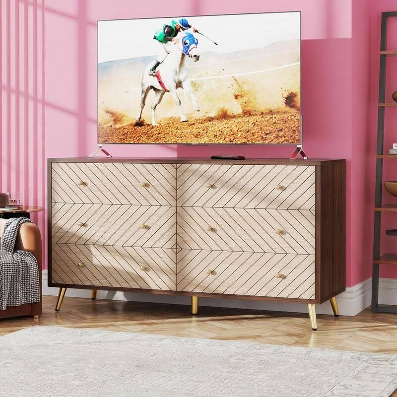 6 Drawer Storage Cabinet with Metal Legs Brown Wooden Dresser for Bedroom Living Room Hallway
