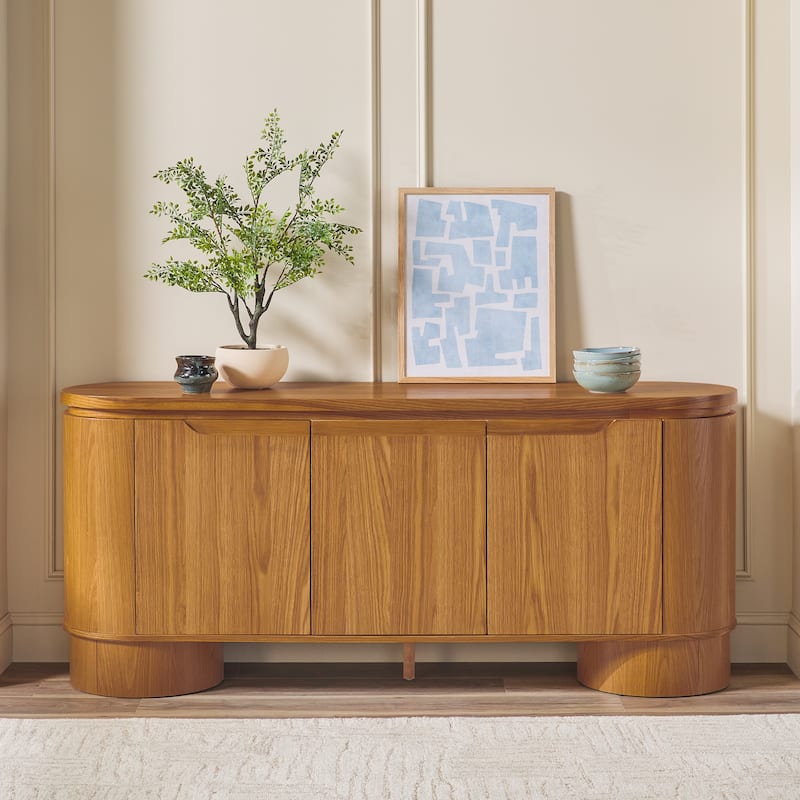 Walker Edison Modern Large Curved Solid Oak Wood Veneer Sideboard - Medium Brown