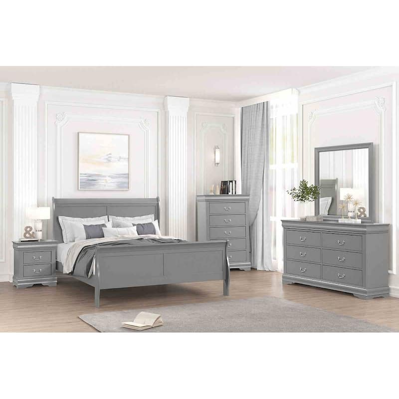 Sleigh Design Gray Finish Transitional Bedroom Set Bed Nightstand Dresser Mirror Chest