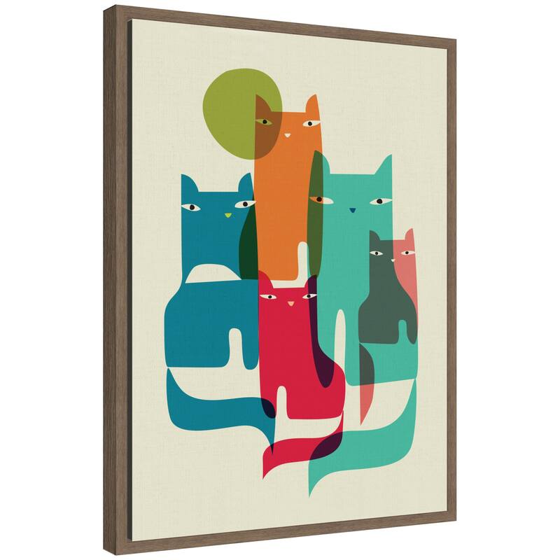 Kate and Laurel Sylvie Retro Cats Under The Moon Framed Canvas by Rachel Lee - 18x24 - Walnut