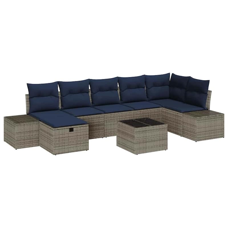 vidaXL 7/8 Garden Sofa Set with Cushions Black/Brown/Grey Poly Rattan - 125.6 x 60.6 x 27.2