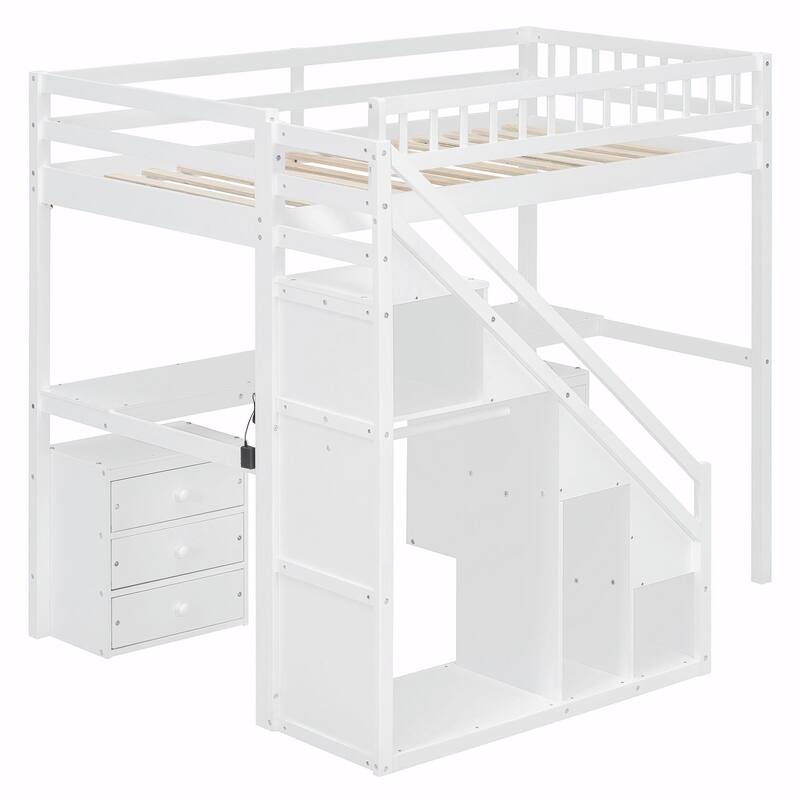 Loft Bed with Two Chest of Drawers, Integrated Desk, and LED Light Strip