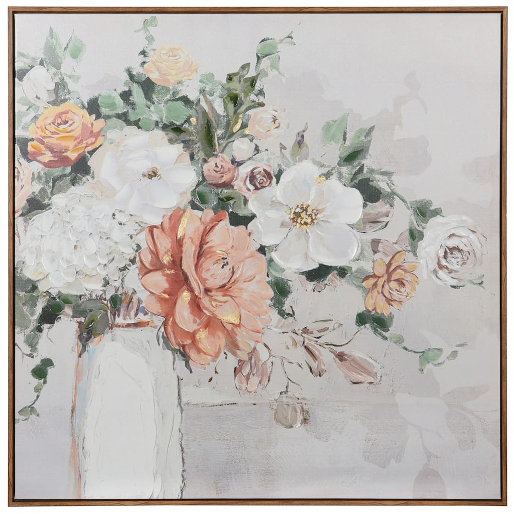 Spring Flowers - Abstract Bouquet Canvas Wall Art - Natural Wood Frame