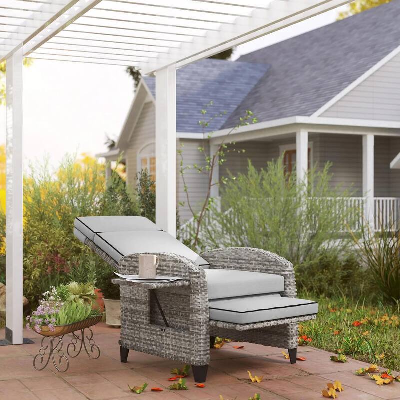 Outdoor Recliner with Cushions,Adjustable Footrest,Armrests,Tray Table