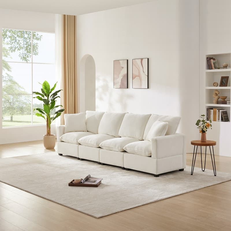 110" Modern Chenille Sofa,4 Seater Sectional Couch with 2 Pillows Included - White