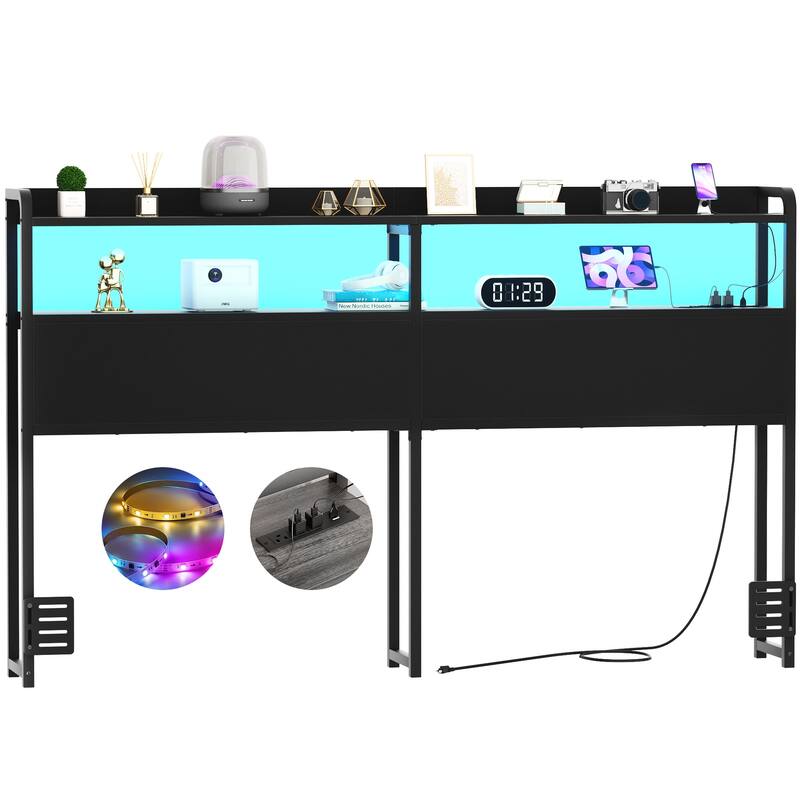Headboard with Storage Drawers and LED Light, Head Board with Outlets, USB Ports