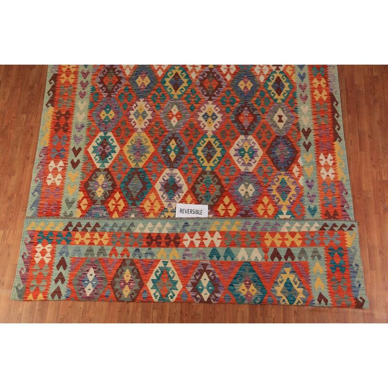Orange Kilim Reversible Rug Flatweave Oriental Wool Carpet - 8'5"x 11'2"
