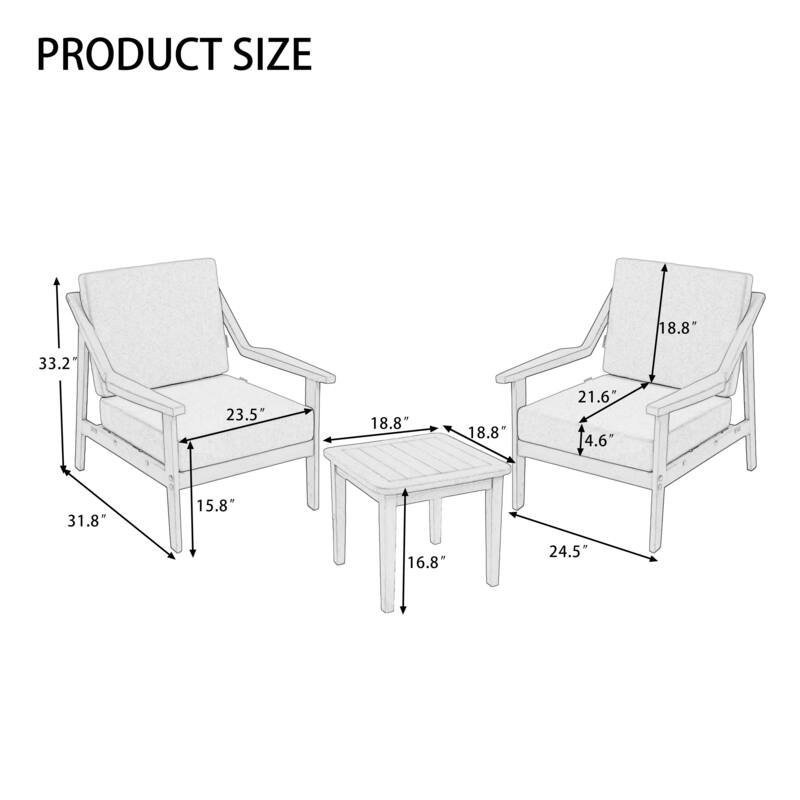 Outdoor Wood Cushioned Patio Set of 2 Accent Chair with Side Table