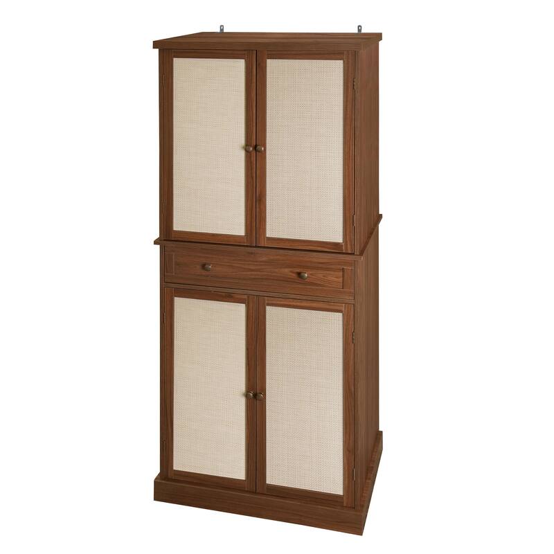 Pantry Cabinet with 4 Rattan Doors & 1 Drawer, Buffet Cabinet with Adjustable Shelves, Freestanding Wooden Storage Cabinet