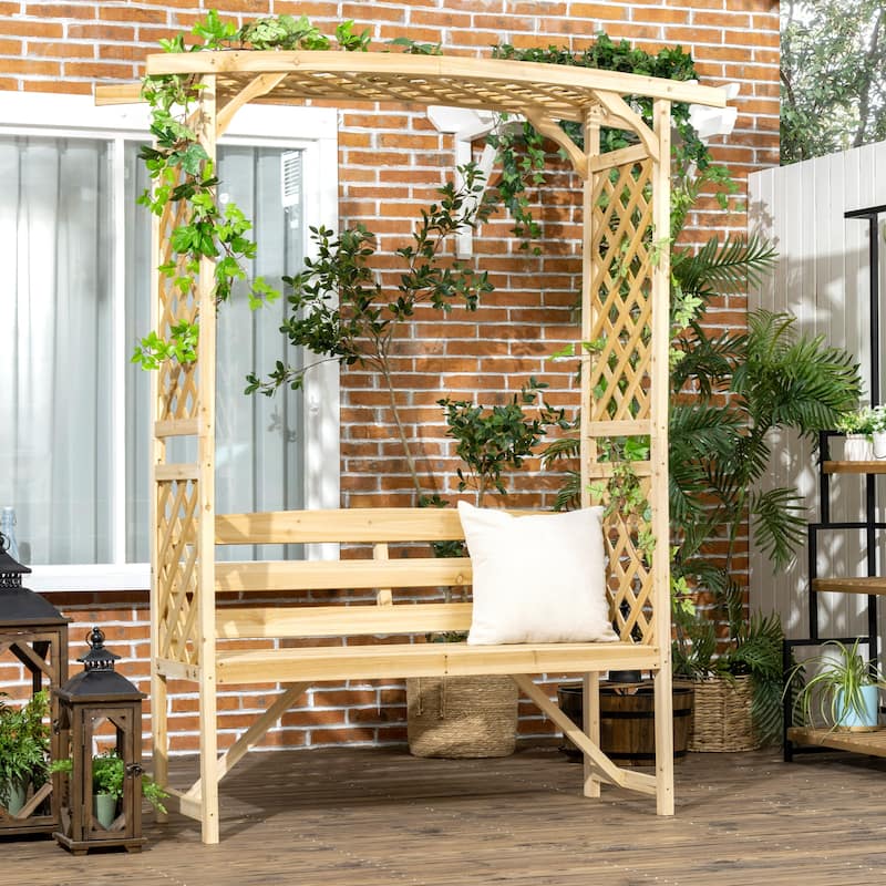 Outsunny Patio Garden Bench Arbor Arch with Pergola and 2 Trellises, 3 Seat Natural Wooden Outdoor Bench - Natural Wood