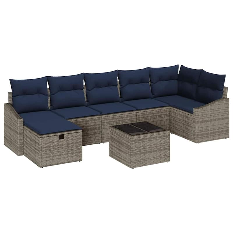 vidaXL 7/8 Garden Sofa Set with Cushions Black/Brown/Grey Poly Rattan - 113.6 x 48.6 x 27.2