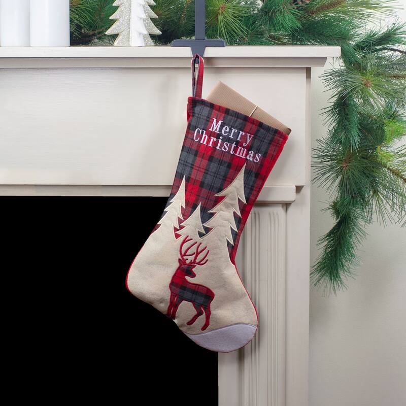 19" Green and Red Plaid Reindeer With Forest Trees Christmas Stocking