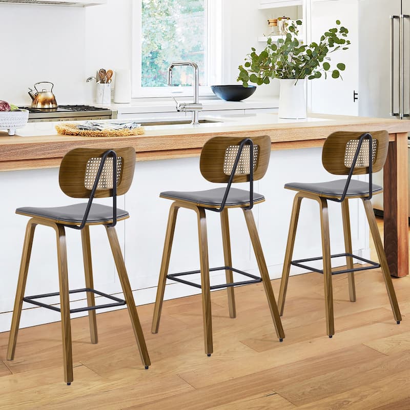 26-inch Wood Counter Height Bar Stools with Rattan Back