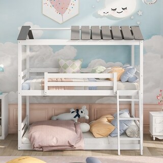 Twin Over Twin House Roof Bunk Bed with Convertible Ladder - Bed Bath ...