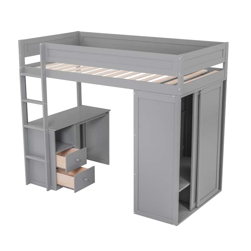 Space-Saving Twin Loft Bed with Built-in Desk, Wardrobe, and Drawers