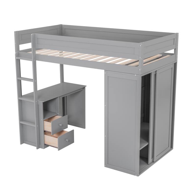 Wooden Twin Loft Bed with Built-in Desk, Wardrobe, and Storage