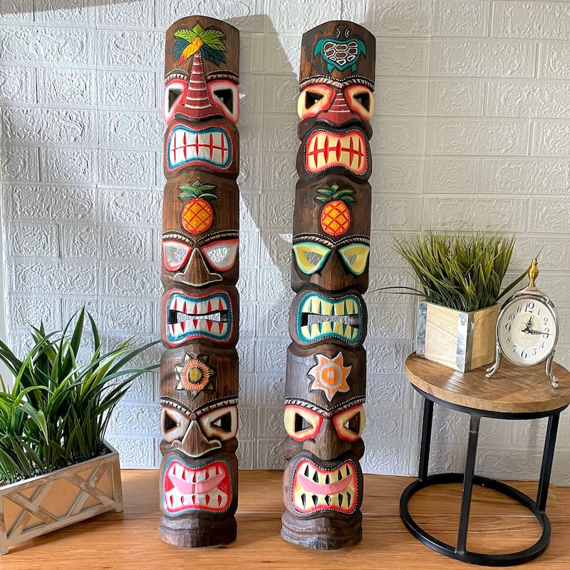 Set Of 2 Triple-Faced Tiki Wall Sculptures Palm Tree, Sun & Sea