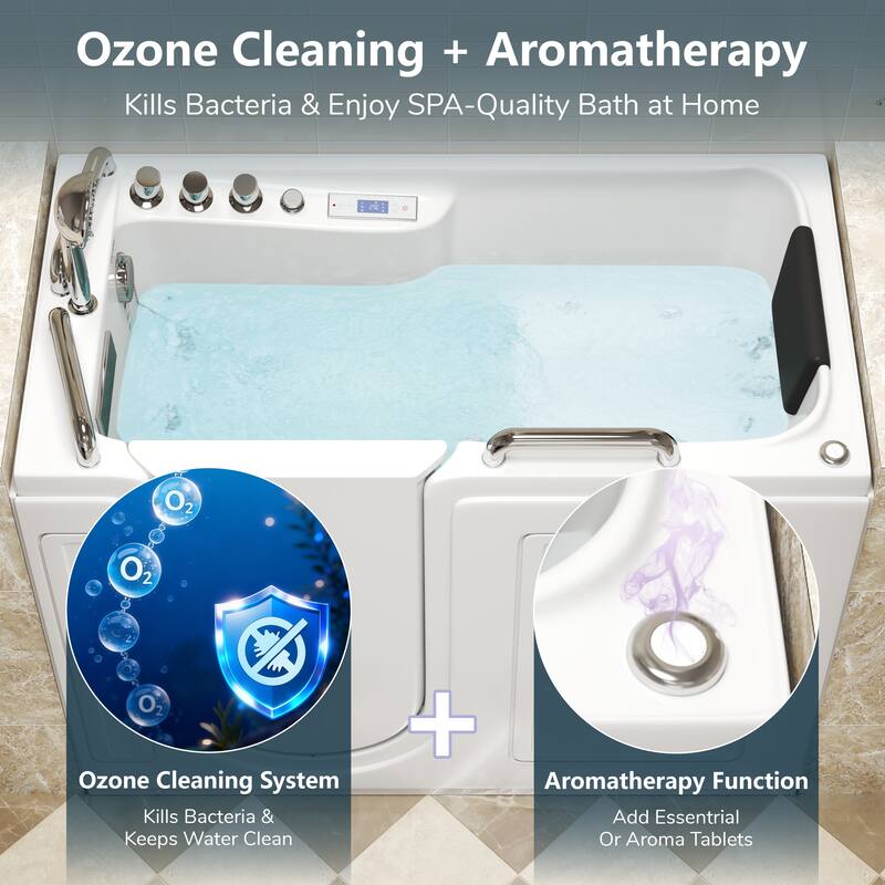 53 in. Walk-In Whirlpool & Air Acrylic Bathtub with Hydrotherapy Jets, Chromatherapy LED Light, and Aromatherapy, Built-In Seat