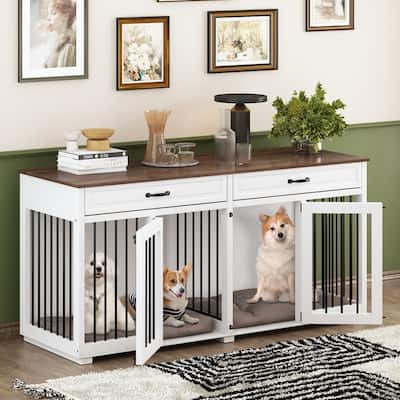 Wooden Double Dog Crate Kennel Furniture with 2 Drawers & Divider