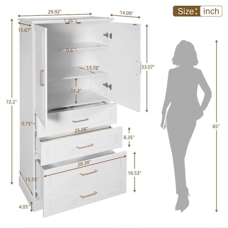 72.2"Tall Freestanding Bathroom Cabinet With 3 Drawers (Partitioned, Standard, Deep), Adjustable Shelf,Soft-Close Doors