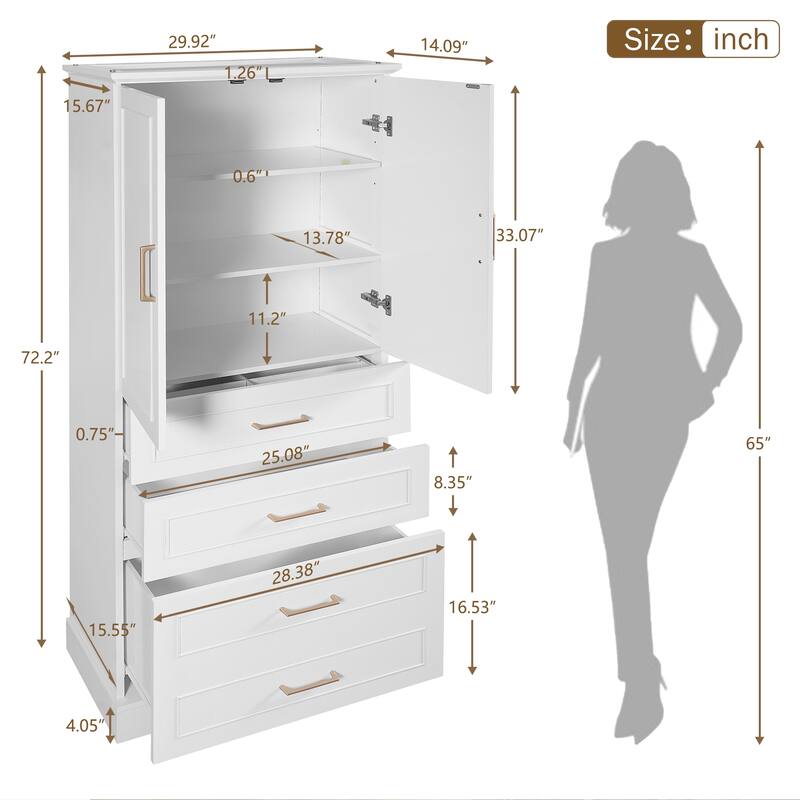 72.2"Tall Freestanding Bathroom Cabinet with 3 Drawers, Adjustable Shelf, Soft-Close Doors, MDF Panels, Steel Handles