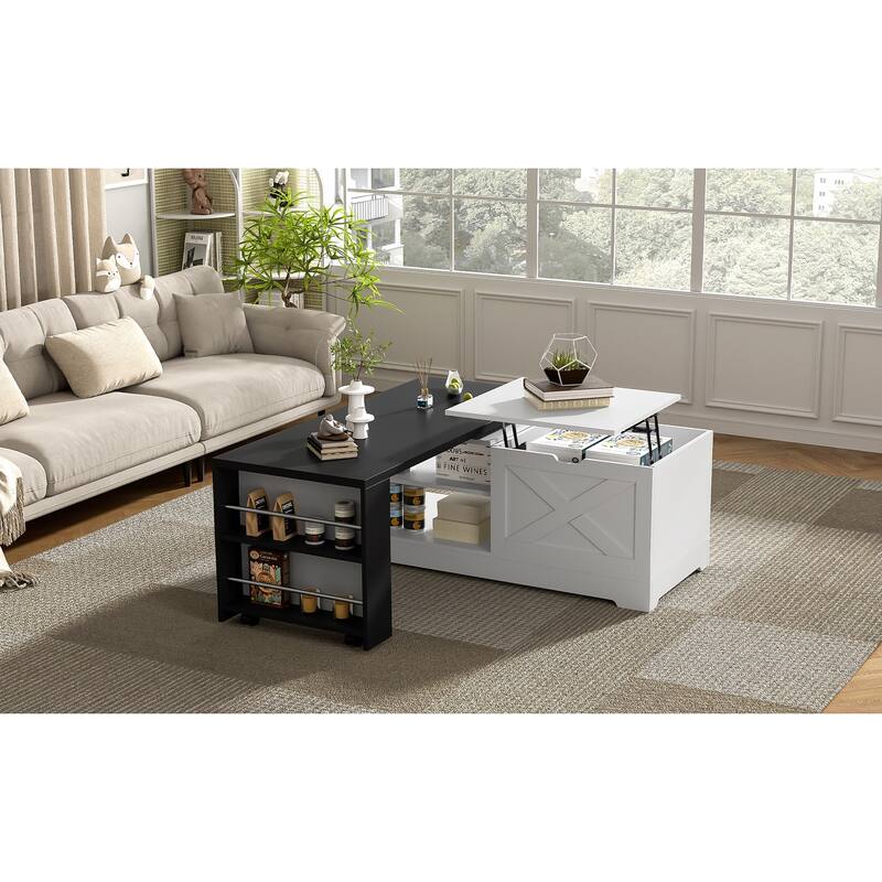 Farmhouse Lift Top Coffee Table, Wood Rectangular Center Table with Hidden Storage, Barn Doors, Open Cabinet
