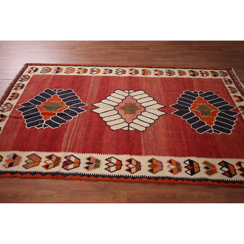 Kilim Qashqai Persian Vintage Rug Flatweave Red Tribal Wool Carpet - 5'2"x 8'0"