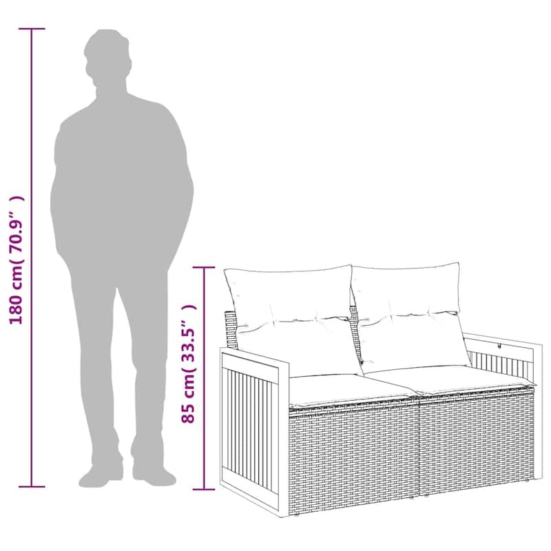 vidaXL Patio Sofa with Cushions 2-Seater Gray Poly Rattan - 46.5 x 24.4 x 27.2