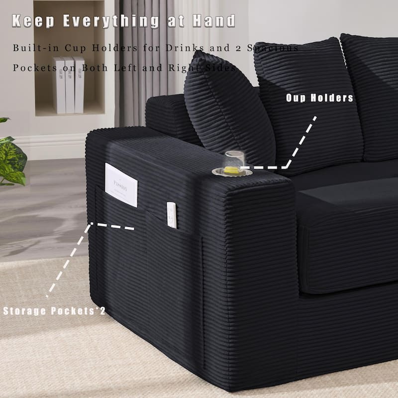 Convertible Corduroy Sleeper Loveseat Sofa Bed 3 Seater Floor Folding Couch with 5 Pillows, Cup Holders and Side Pockets