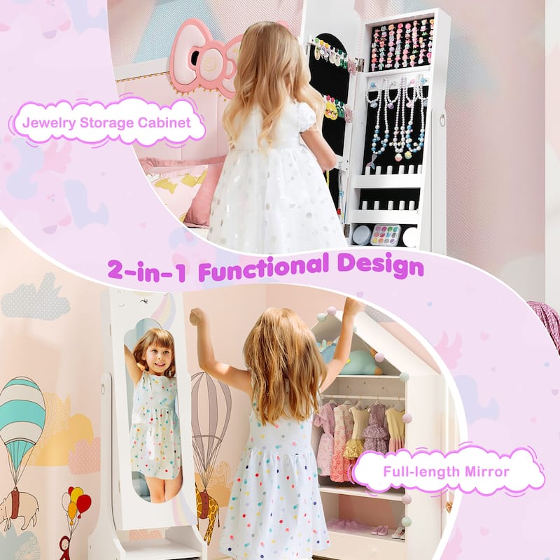 Gymax Kids Jewelry Cabinet w/ Full-Length Mirror 2 Adjustable Tilt